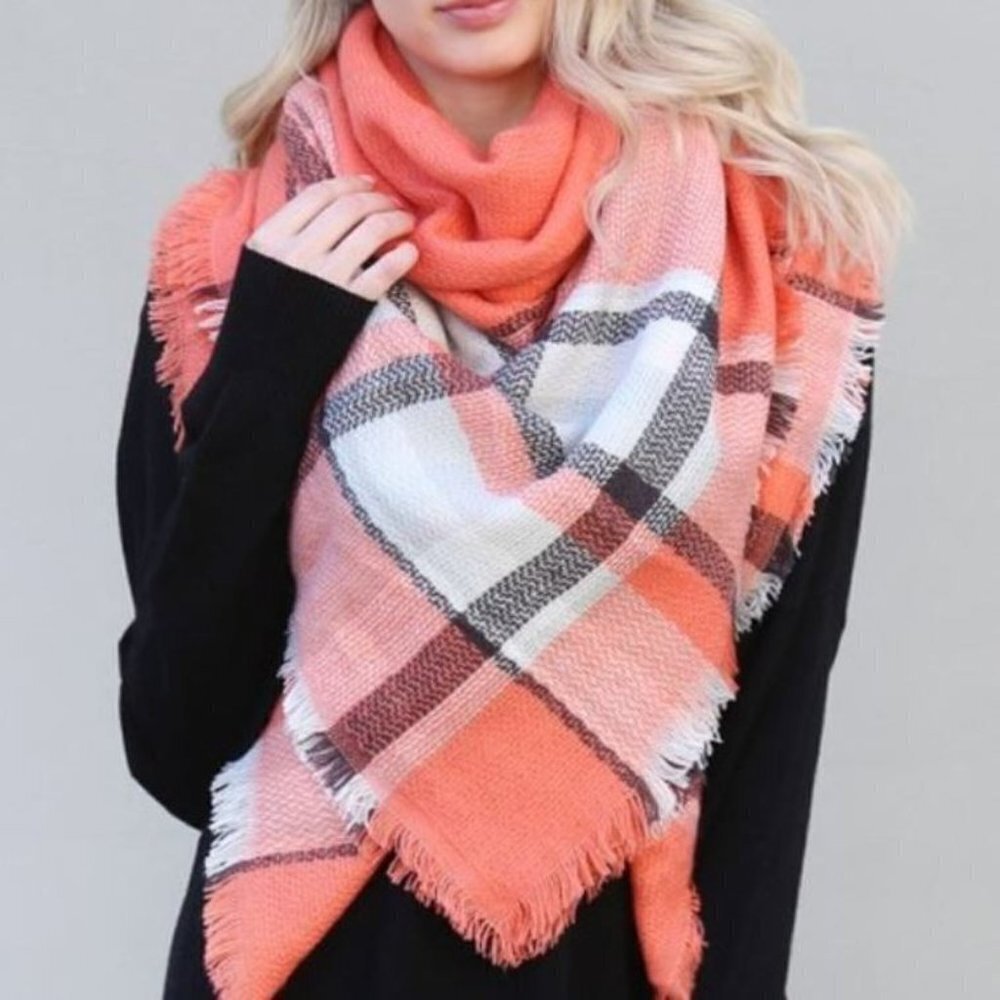 NEW/NWT Riah Fashion Coral/White/Gray Plaid Woven Blanket Scarf